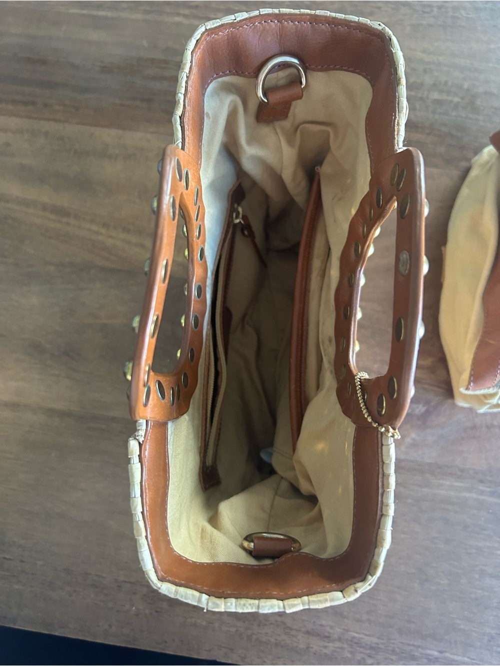 Woven Straw Shoulder Bag with Brown Studded Leather Handles - Picture 3 of 4